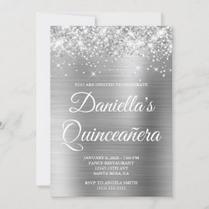 Sparkly Glittery Silver Foil Quinceañera Invitation