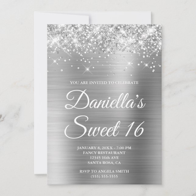 Sparkly Glittery Silver Foil Sweet 16 Invitation (Front)