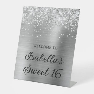 Sparkly Glittery Silver Foil Sweet 16 Welcome Pedestal Sign