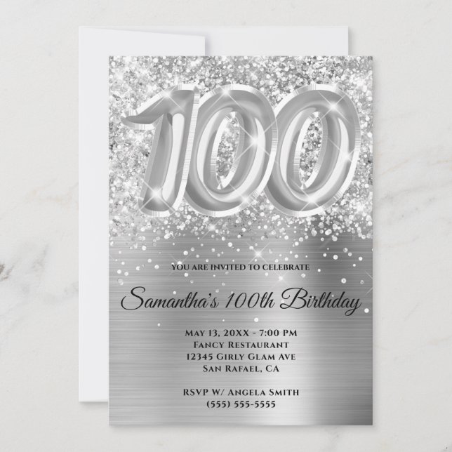 Sparkly Glittery Silver Glam 100th Birthday Invitation (Front)