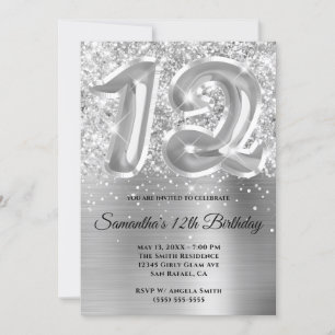 Sparkly Glittery Silver Glam 12th Birthday Invitation
