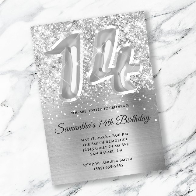 Sparkly Glittery Silver Glam 14th Birthday Invitation (Creator Uploaded)