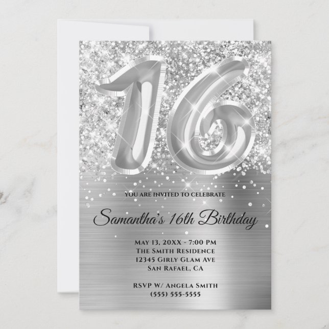 Sparkly Glittery Silver Glam 16th Birthday Invitation (Front)