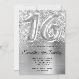 Sparkly Glittery Silver Glam 16th Birthday Invitation