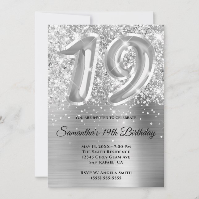 Sparkly Glittery Silver Glam 19th Birthday Invitation (Front)