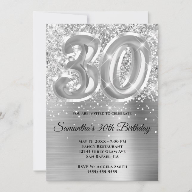 Sparkly Glittery Silver Glam 30th Birthday Invitation (Front)