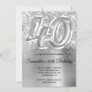 Sparkly Glittery Silver Glam 40th Birthday Invitation