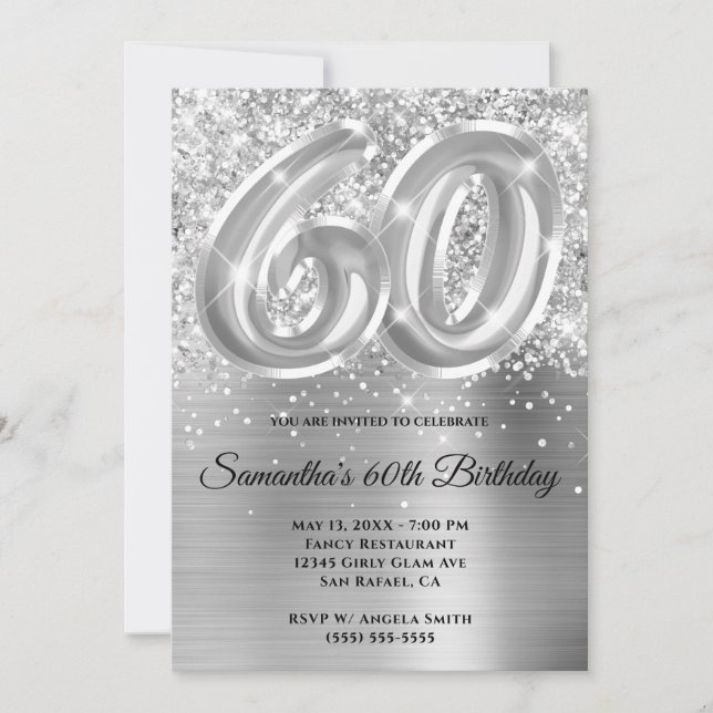 Sparkly Glittery Silver Glam 60th Birthday Invitation (Front)