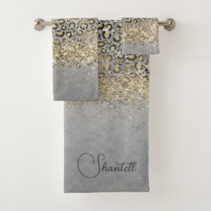Sparkly Glittery Silver Leopard Personalized Bath Towel Set