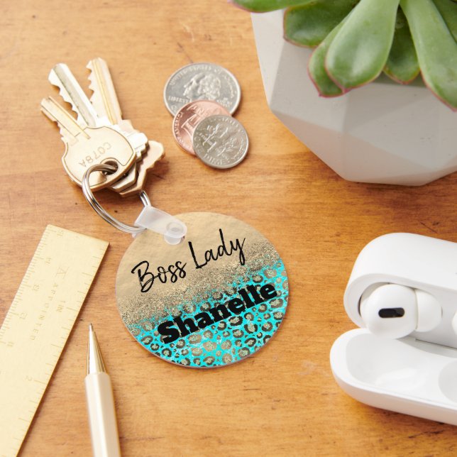 Sparkly Glittery Turquoise Leopard Custom Key Ring (Desk)