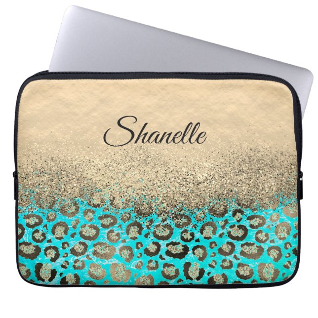 Sparkly Glittery Turquoise Leopard  Laptop Sleeve (Front)