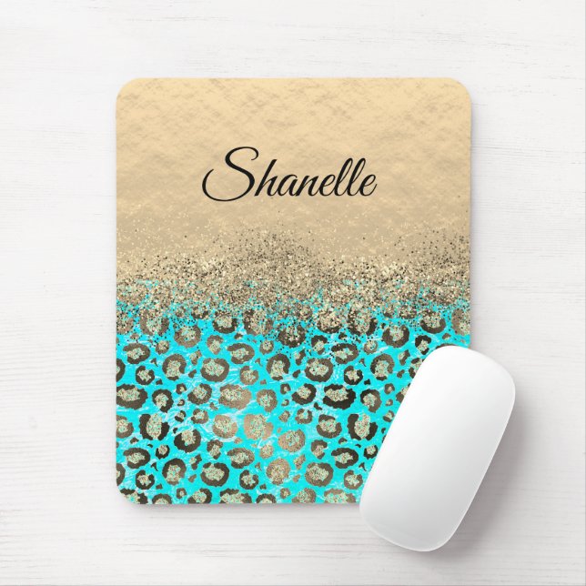 Sparkly Glittery Turquoise Leopard   Mouse Mat (With Mouse)