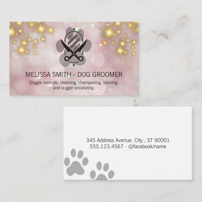 Sparkly Gold Bokeh | Dog Grooming Logo Business Card (Front/Back)