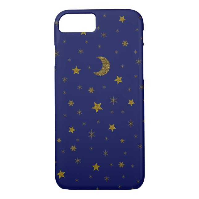 Sparkly gold Christmas moon, stars on blue Case-Mate iPhone Case (Back)