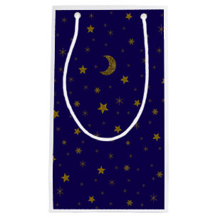 Sparkly gold Christmas moon, stars on blue Small Gift Bag