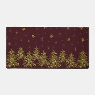 Sparkly gold Christmas tree and stars on red  Desk Mat