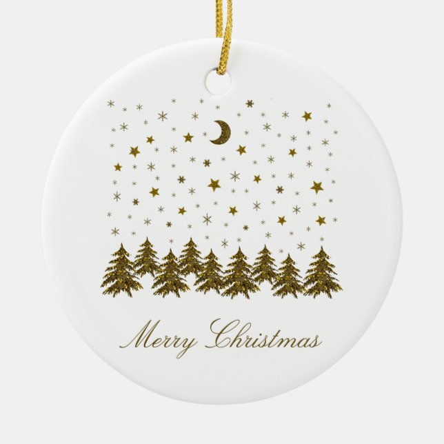 Sparkly gold Christmas tree, moon, stars Ceramic Tree Decoration (Front)