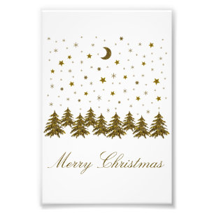 Sparkly gold Christmas tree, moon, stars Christmas Photo Print