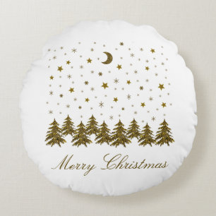 Sparkly gold Christmas tree, moon, stars Christmas Round Cushion