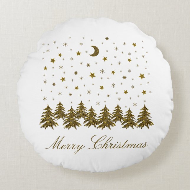 Sparkly gold Christmas tree, moon, stars Christmas Round Cushion (Front)