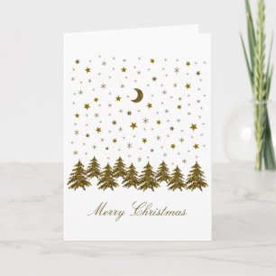 Sparkly gold Christmas tree, moon, stars Holiday Card