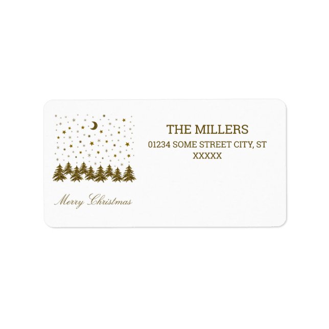 Sparkly gold Christmas tree, moon, stars Label (Front)