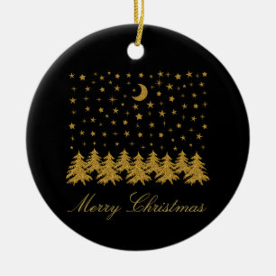 Sparkly gold Christmas tree, moon, stars on black Ceramic Tree Decoration