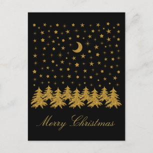 Sparkly gold Christmas tree, moon, stars on black Holiday Postcard