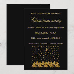 Sparkly gold Christmas tree, moon, stars on black Invitation