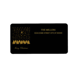 Sparkly gold Christmas tree, moon, stars on black Label