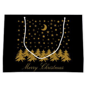 Sparkly gold Christmas tree, moon, stars on black Large Gift Bag