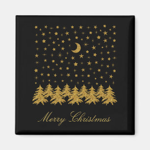 Sparkly gold Christmas tree, moon, stars on black Magnet