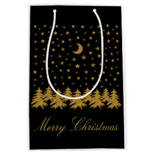 Sparkly gold Christmas tree, moon, stars on black Medium Gift Bag