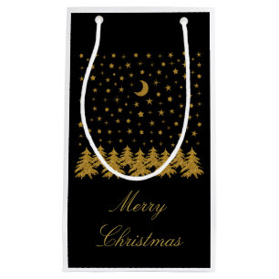 Sparkly gold Christmas tree, moon, stars on black Small Gift Bag