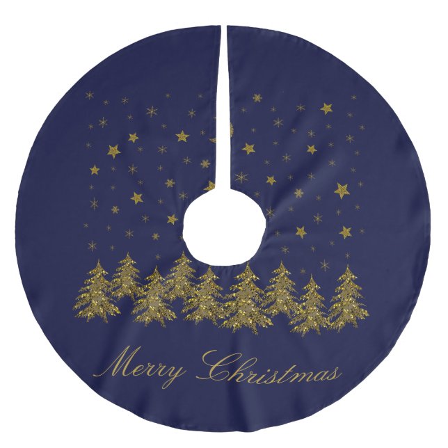 Sparkly gold Christmas tree, moon, stars on blue Brushed Polyester Tree Skirt (Front)