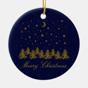 Sparkly gold Christmas tree, moon, stars on blue Ceramic Tree Decoration
