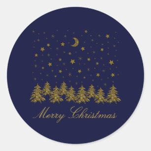 Sparkly gold Christmas tree, moon, stars on blue Classic Round Sticker
