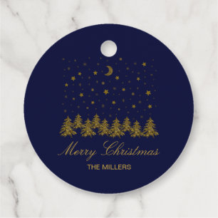 Sparkly gold Christmas tree, moon, stars on blue Favour Tags