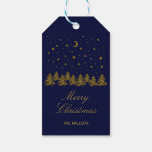 Sparkly gold Christmas tree, moon, stars on blue Gift Tags