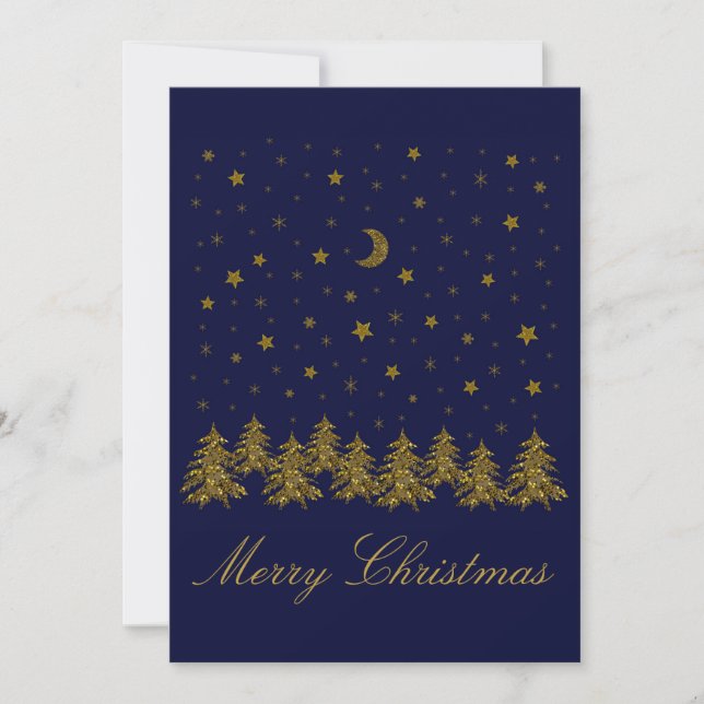 Sparkly gold Christmas tree, moon, stars on blue Holiday Card (Front)