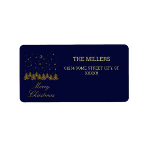 Sparkly gold Christmas tree, moon, stars on blue Label