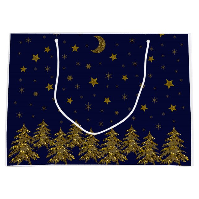 Sparkly gold Christmas tree, moon, stars on blue  Large Gift Bag (Front)