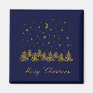 Sparkly gold Christmas tree, moon, stars on blue Magnet