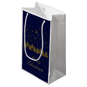 Sparkly gold Christmas tree, moon, stars on blue Small Gift Bag