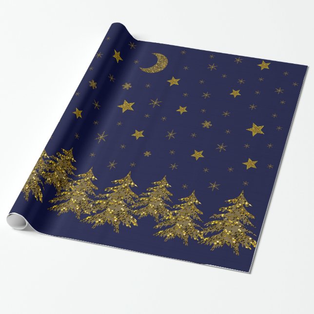 Sparkly gold Christmas tree, moon, stars on blue Wrapping Paper (Unrolled)