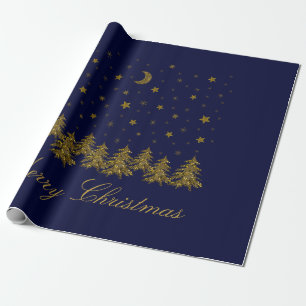 Sparkly gold Christmas tree, moon, stars on blue Wrapping Paper