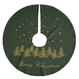 Sparkly gold Christmas tree, moon, stars on green Brushed Polyester Tree Skirt