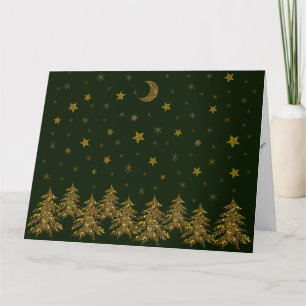 Sparkly gold Christmas tree, moon, stars on green Card