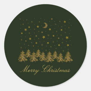 Sparkly gold Christmas tree, moon, stars on green Classic Round Sticker