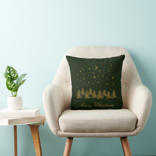 Sparkly gold Christmas tree, moon, stars on green Cushion